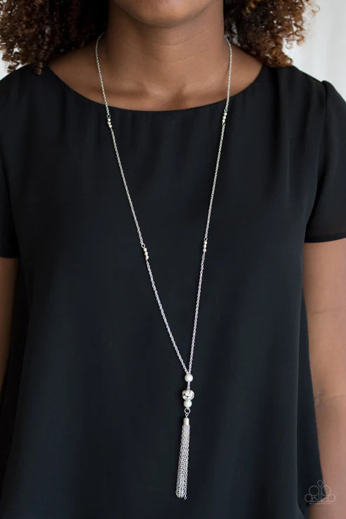 The Celebration Of The Century - White Pearl Faceted Encrusted Tassel Necklace N#3844