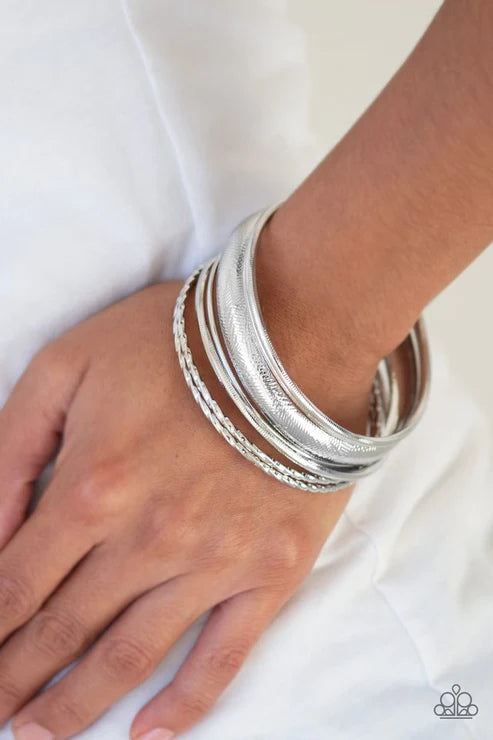 The Customer Is Always BRIGHT - Oversized Silver Mismatched Textured Bangle Bracelet Stack B#3795