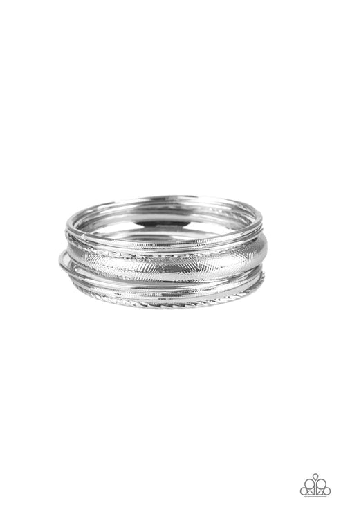 The Customer Is Always BRIGHT - Oversized Silver Mismatched Textured Bangle Bracelet Stack B#3795