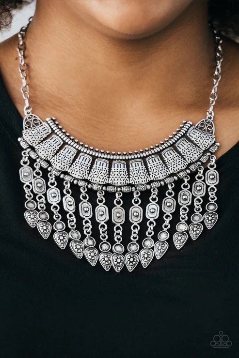 The Desert Is Calling - Oversized Silver Stenciled Embossed/Studded Crescent Tribal Plate Fringe Necklace N#3518