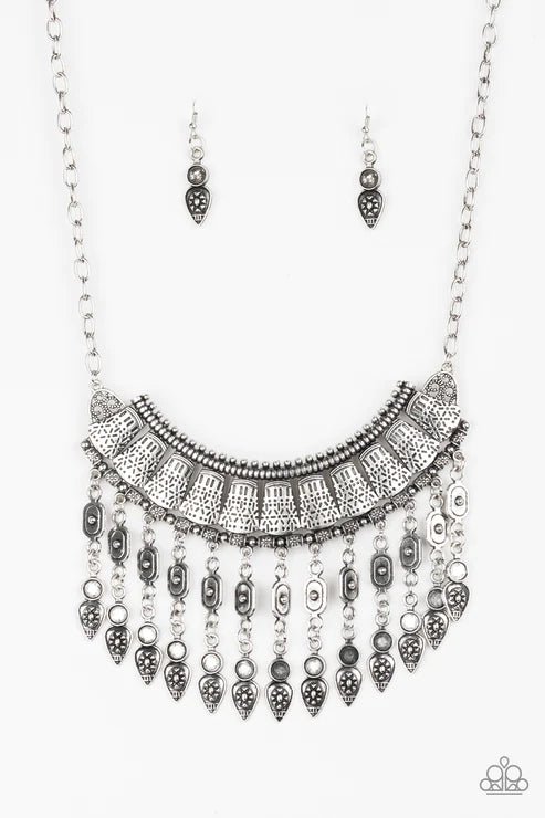 The Desert Is Calling - Oversized Silver Stenciled Embossed/Studded Crescent Tribal Plate Fringe Necklace N#3518