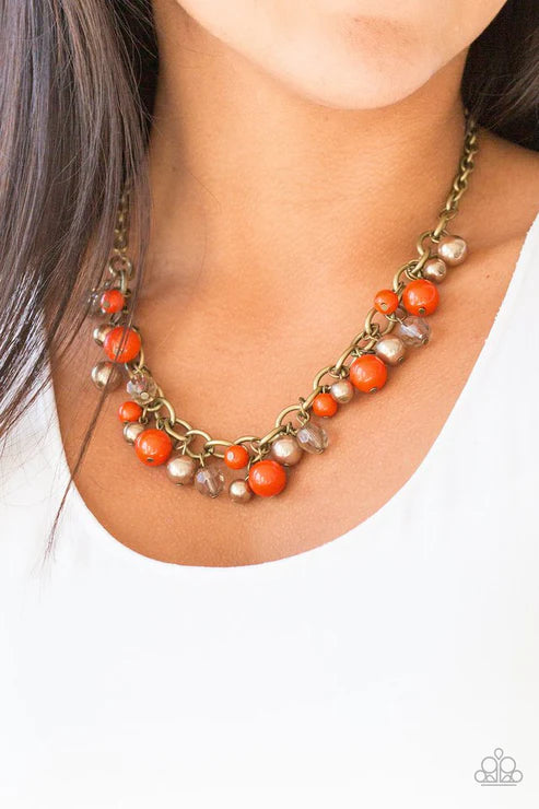 The GRIT Crowd - Orange/Brass Pearl Crystal Fringe Necklace N#5426