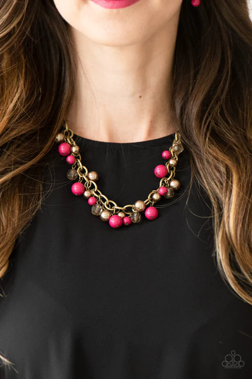 The GRIT Crowd - Pink/Brass Pearl Crystal Fringe Necklace N#5889