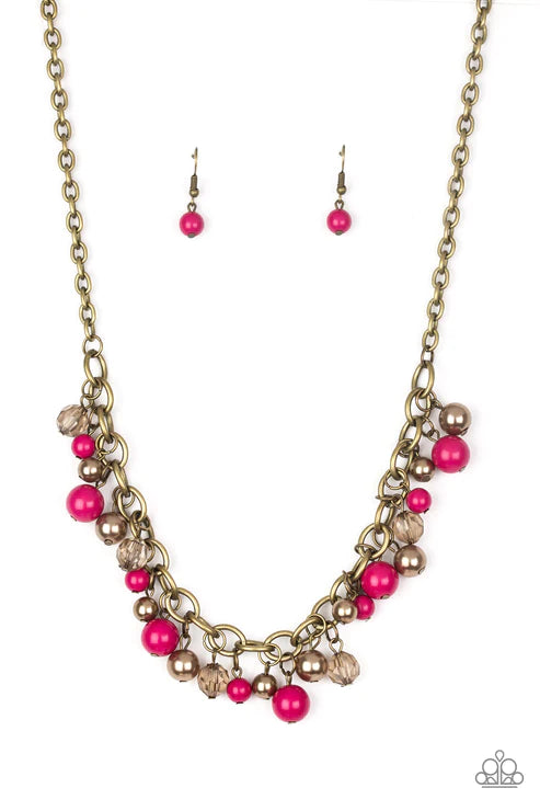 The GRIT Crowd - Pink/Brass Pearl Crystal Fringe Necklace N#5889