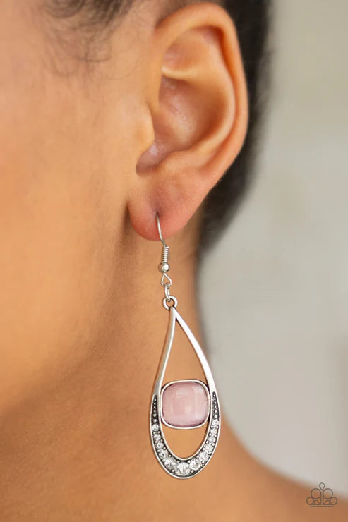 The Greatest GLOW On Earth - Oversized Pink Abstract Dipped Encrusted Cat's Eye Moonstone Teardrop Earrings E#4598