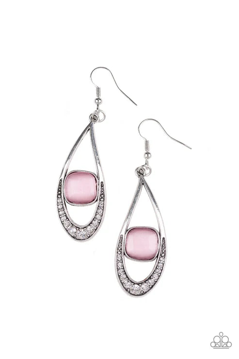 The Greatest GLOW On Earth - Oversized Pink Abstract Dipped Encrusted Cat's Eye Moonstone Teardrop Earrings E#4598