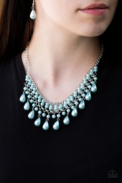 The Guest List - Metallic Blue Pearl Rod Teardrop Stacked Fringe Necklace N#3595
