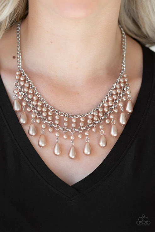The Guest List - Metallic Brown Pearl Rod Teardrop Stacked Fringe Necklace N#5546