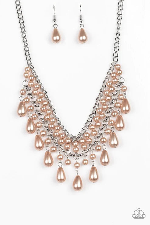 The Guest List - Metallic Brown Pearl Rod Teardrop Stacked Fringe Necklace N#5546