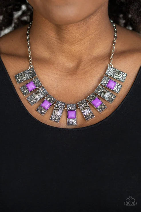 The MANE Contender - Purple Dotted Squared/Rectangular Pyramidal Studded Tribal Necklace N#6475