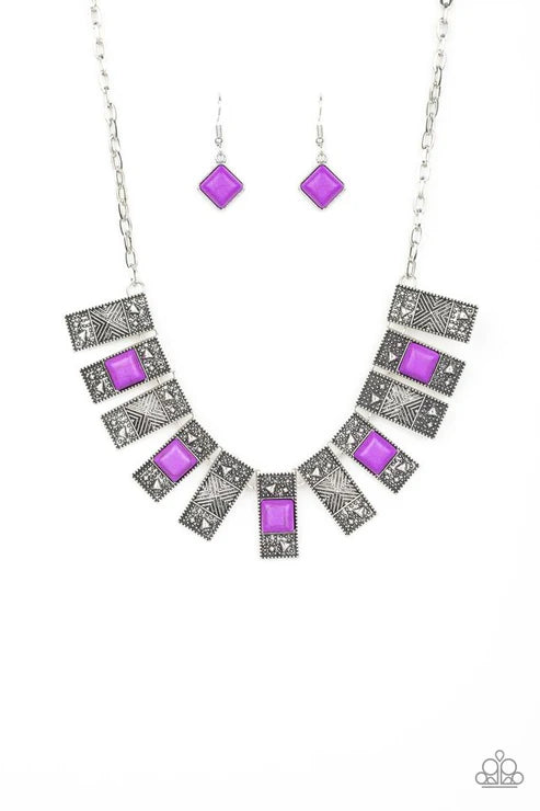 The MANE Contender - Purple Dotted Squared/Rectangular Pyramidal Studded Tribal Necklace N#6475