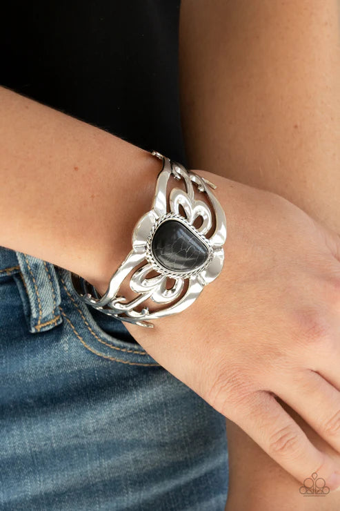 The MESAS are Calling - Oversized Black Asymmetrical Filigree Stone Cuff Bracelet B#5276