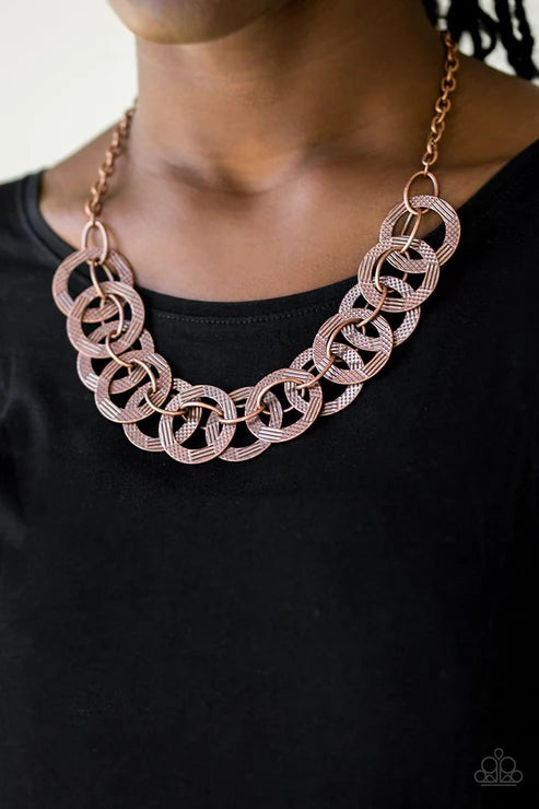 The Main Contender - Oversized Copper Etched Diamond-Cut Hammered Interlock Circles Industrial Necklace N#5893