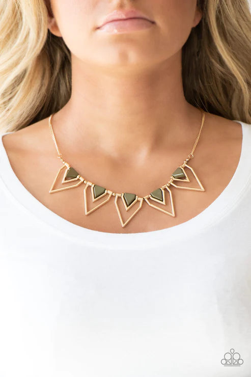The Pack Leader - Green/Gold Geometric Triangular Fringe Necklace N#3564