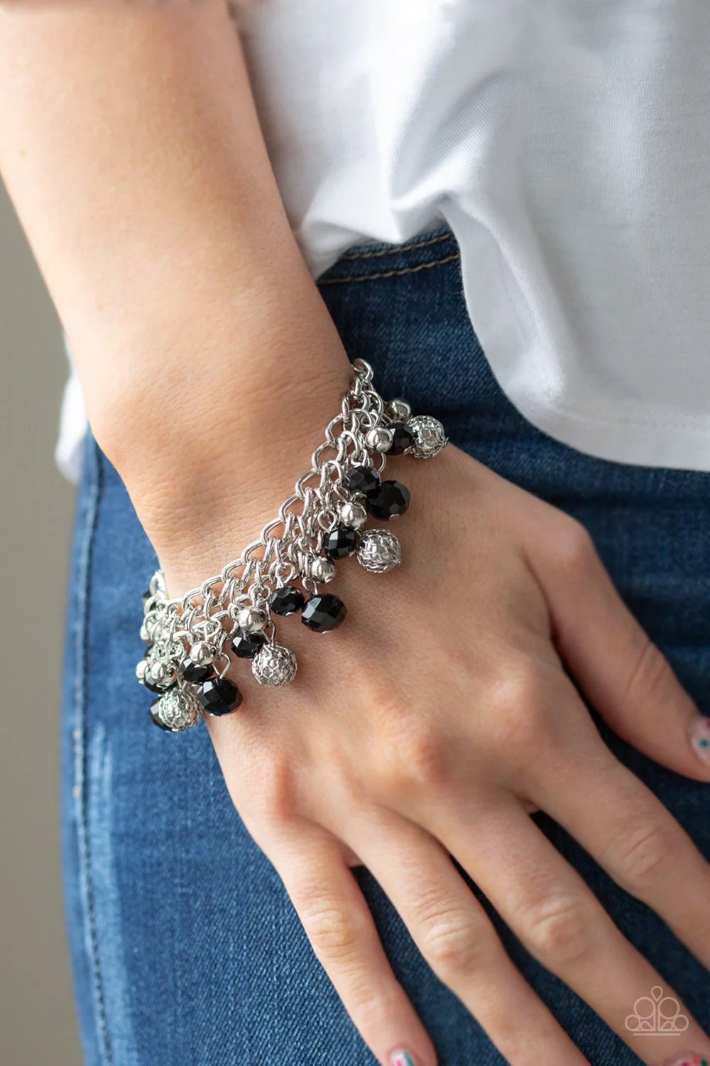 The Party Planner - Black Metallic Crystal Net Fringe Bracelet B#6608