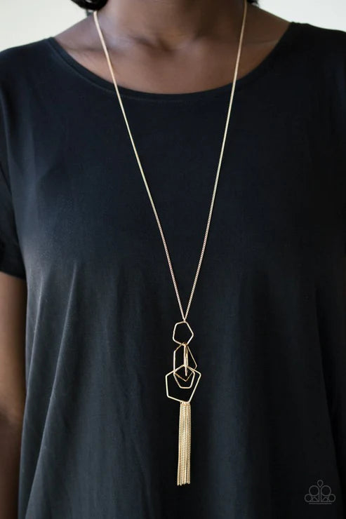 The Penthouse - Gold Geometric Pentagon Tassel Cluster Necklace N#6196