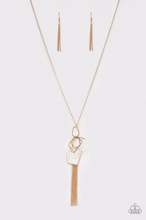 The Penthouse - Gold Geometric Pentagon Tassel Cluster Necklace N#6196