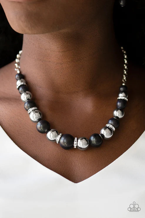 The Ruling Class - Black Stones Silver/White Encrusted Rings Necklace N#7432