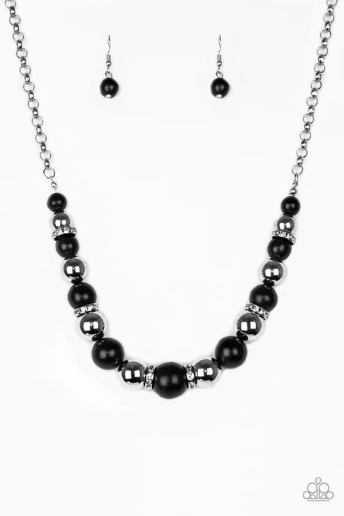 The Ruling Class - Black Stones Silver/White Encrusted Rings Necklace N#7432