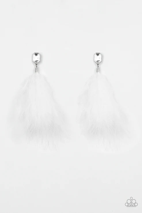 The SHOWGIRL Must Go On! - White Emerald Cut Feather Earrings E#6736