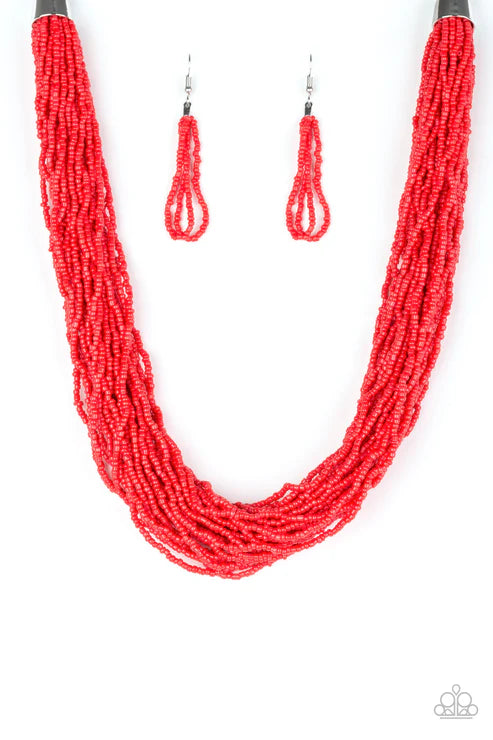The Show Must CONGO On! - Oversized Fiery Red Draped Seed Bead Necklace N#4622