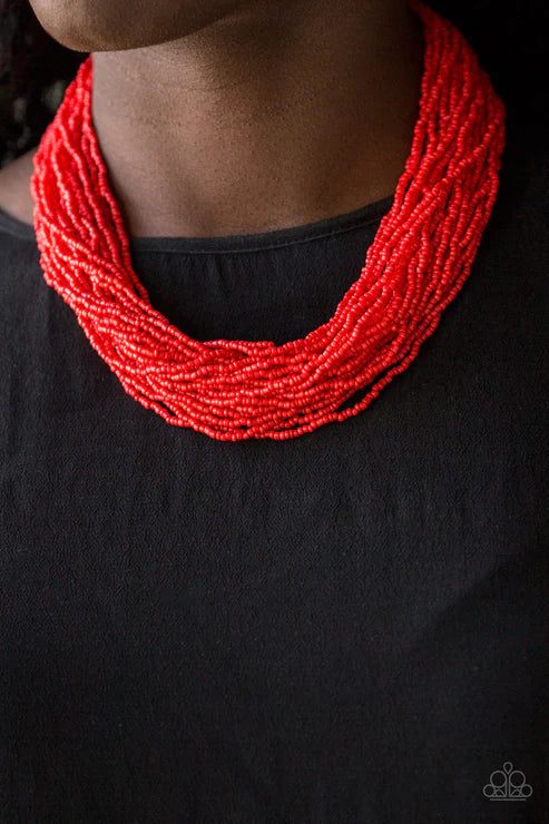 The Show Must CONGO On! - Oversized Fiery Red Draped Seed Bead Necklace N#4622