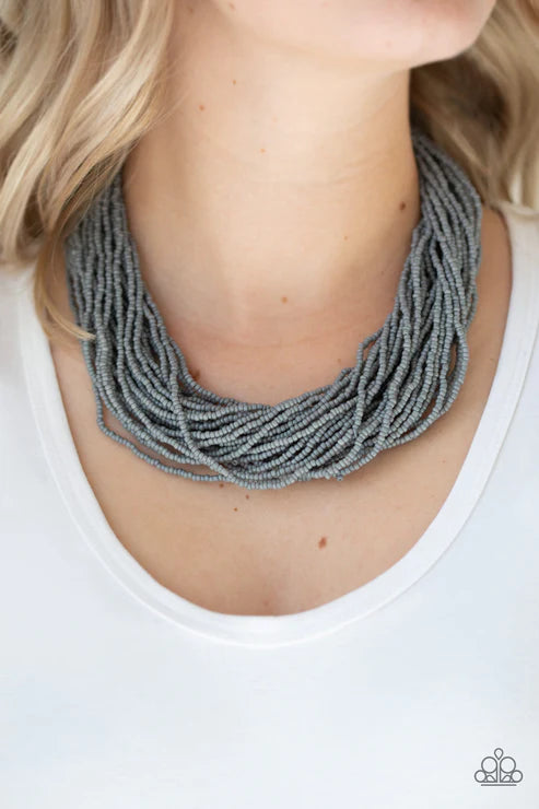 The Show Must CONGO On! - Oversized Silver (Gray) Draped Seed Bead Necklace N#3725