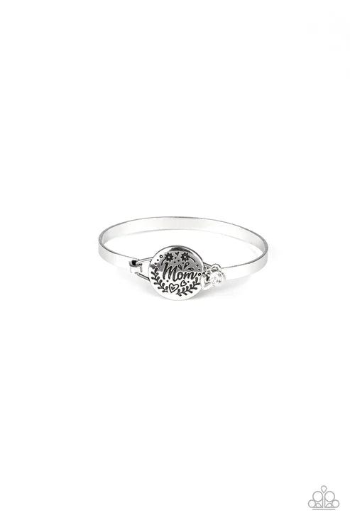 The Mom Life - Silver Disc Stamped Floral 3D "Mom" Heart Charm Whimsical Bangle Cuff Hinged Closure Bracelet B#7248