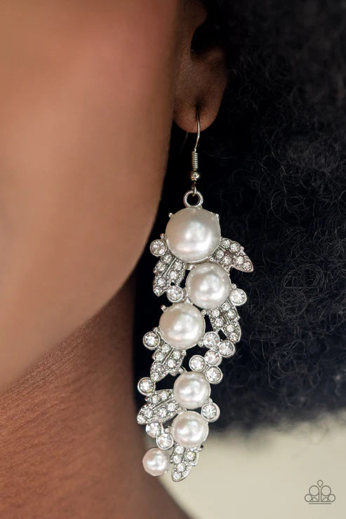 The Party Has Arrived - Oversized White Pearl 3D Leaf Encrusted Earrings E#6699