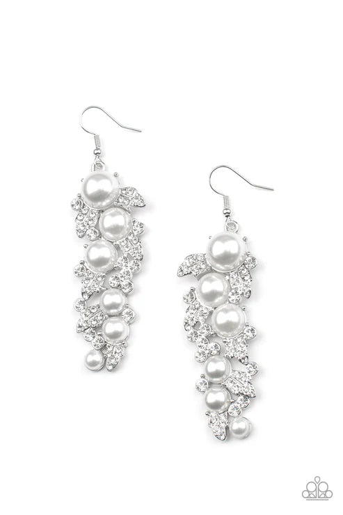 The Party Has Arrived - Oversized White Pearl 3D Leaf Encrusted Earrings E#6699