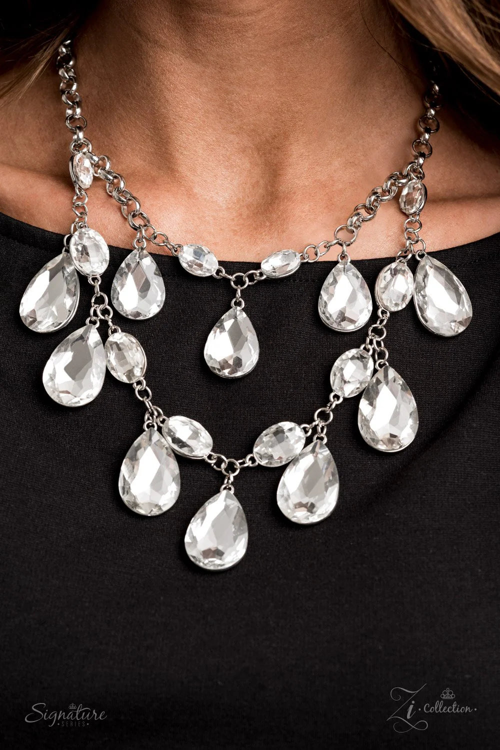 Zi Collection - The Sarah - Oversized White Oval/Teardrop Tier Encrusted  Necklace ZI#7088