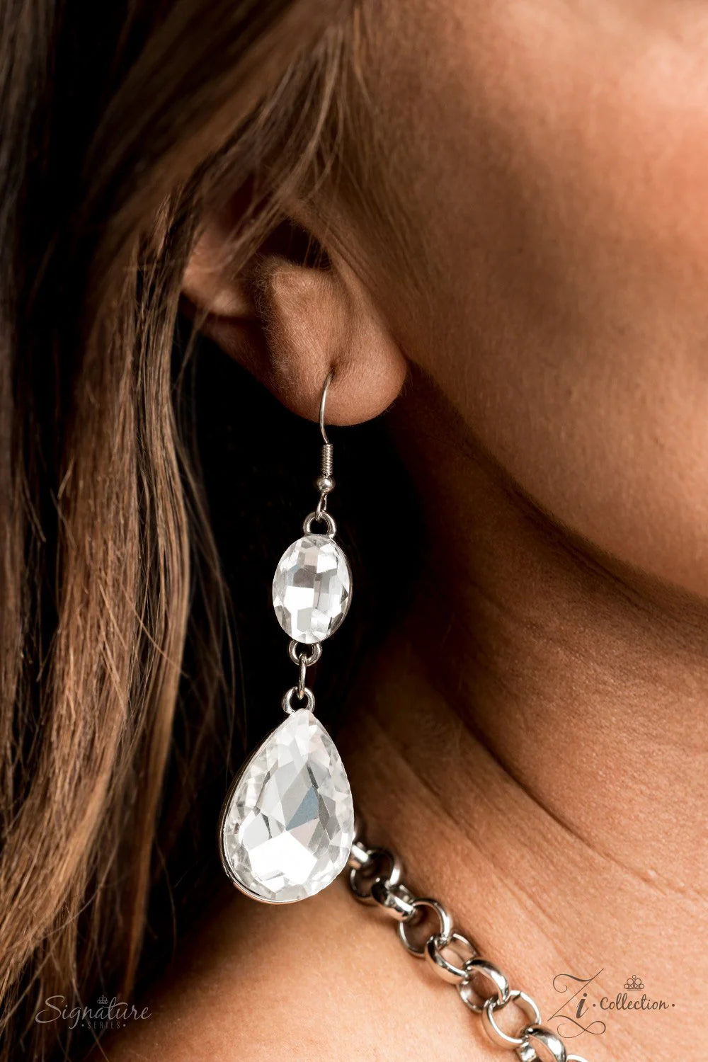 Zi Collection - The Sarah - Oversized White Oval/Teardrop Tier Encrusted  Necklace ZI#7088
