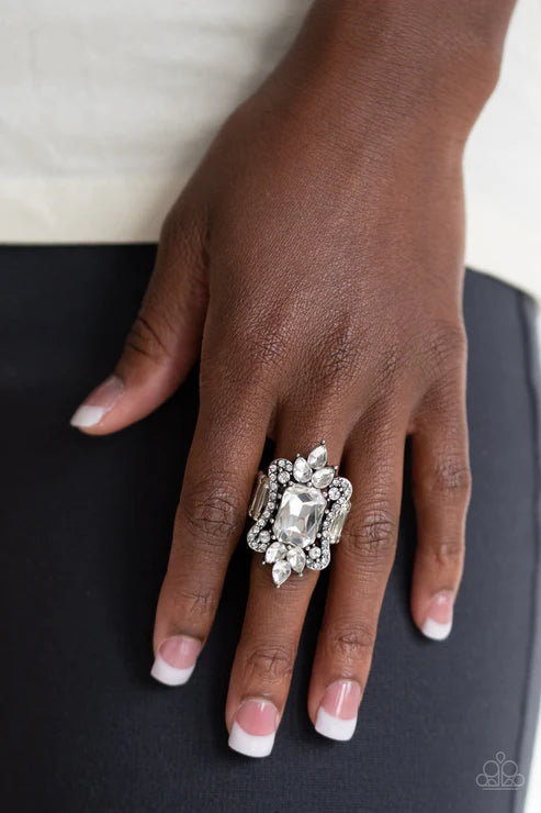 Things That Go Boom! - Oversized White Round/Teardrop Emerald Cut Encrusted Ring R#5948