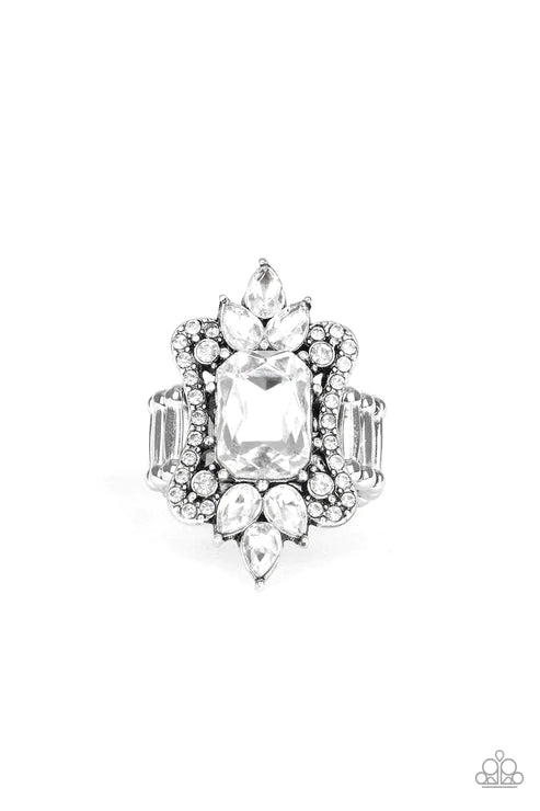Things That Go Boom! - Oversized White Round/Teardrop Emerald Cut Encrusted Ring R#5948
