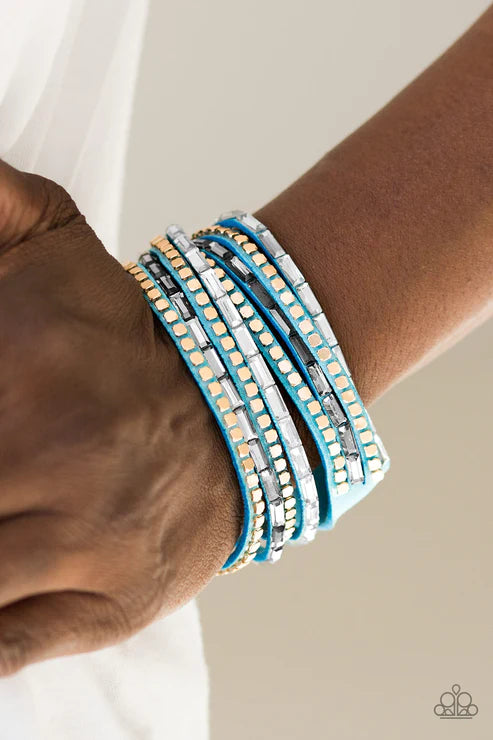 This Time With Attitude - Oversized Blue Elongated Smoky/White/Gold Encrusted Emerald Cut Flat Cubed Suede Double Wrap Adjustable Snap Closure Bracelet B#6158