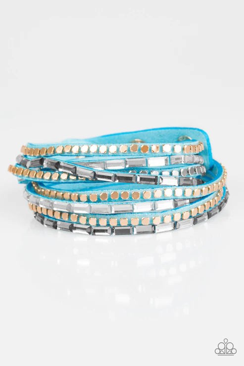 This Time With Attitude - Oversized Blue Elongated Smoky/White/Gold Encrusted Emerald Cut Flat Cubed Suede Double Wrap Adjustable Snap Closure Bracelet B#6158