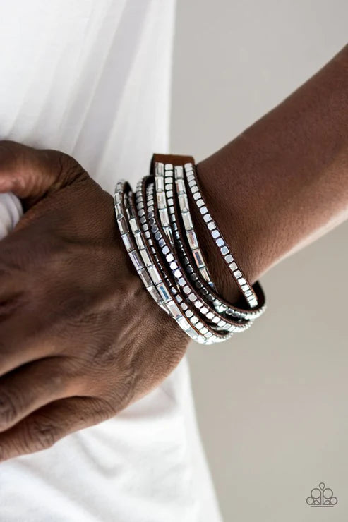 This Time With Attitude - Oversized Brown Elongated White/Silver Encrusted Emerald Cut Flat Cubed Suede Double Wrap Adjustable Snap Closure Bracelet B#4223
