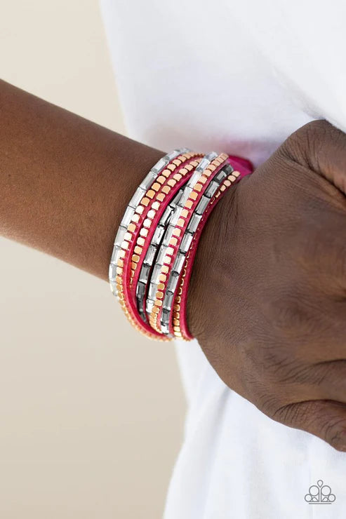 This Time With Attitude - Oversized Pink Elongated Smoky/White/Gold Encrusted Emerald Cut Flat Cubed Suede Double Wrap Adjustable Snap Closure Bracelet B#4084