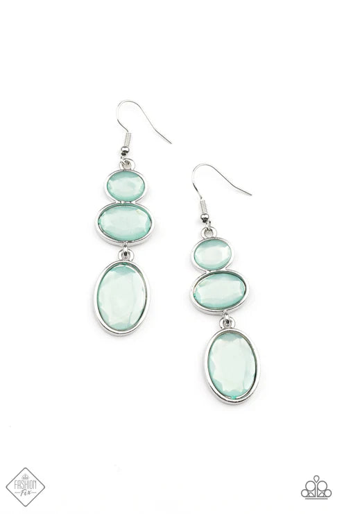 Tiers Of Tranquility - Oversized Blue (Dewy Blue Tint) Oval Gems Trickle Link Ethereal Lure Earrings E#7390