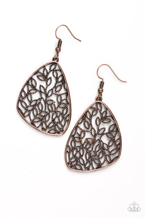 Time To LEAF - Copper Asymmetrical Filigree Leaf Earrings E#6560