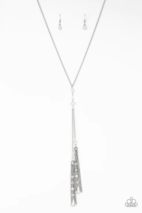 Timeless Tassels - Silver Pearl Crystal Duo Chain Ornate Tassel Necklace N#3662