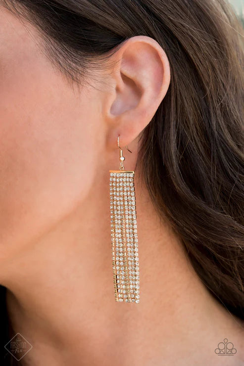 Top-Down Shimmer - Oversized Gold Encrusted Stream Fringe Earrings E#5820