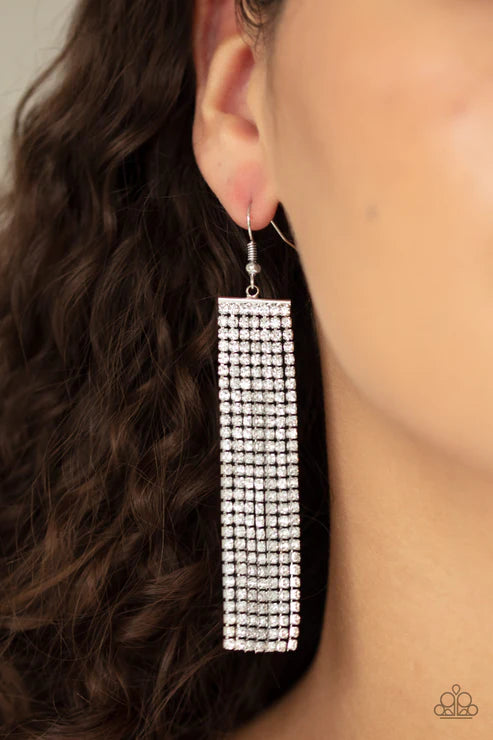 Top-Down Shimmer - Oversized White Encrusted Stream Fringe Earrings E#5977