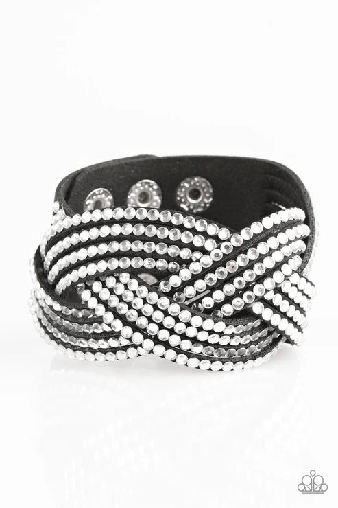Top Class Chic - Black Encrusted Crisscross Suede Wrap Adjustable Snap Closure Bracelet B#6273