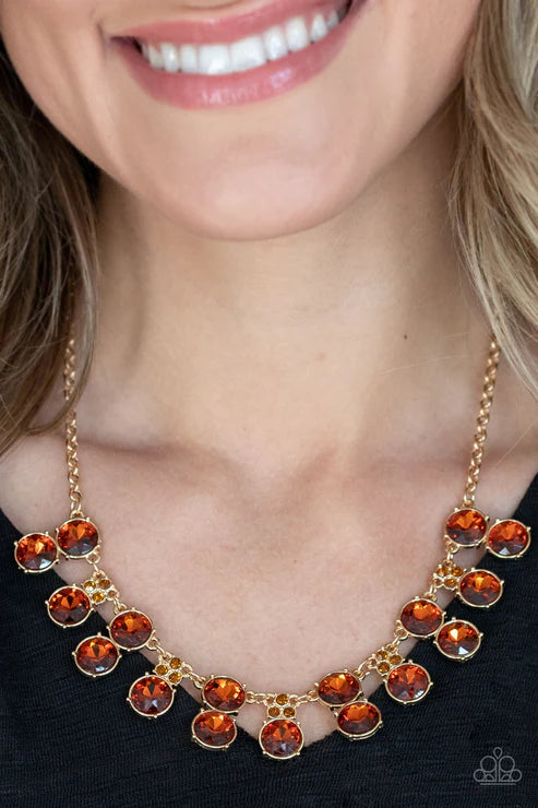 Top Dollar Twinkle - Gold/Brown Topaz Encrusted Stacked Fringe Necklace N#5635