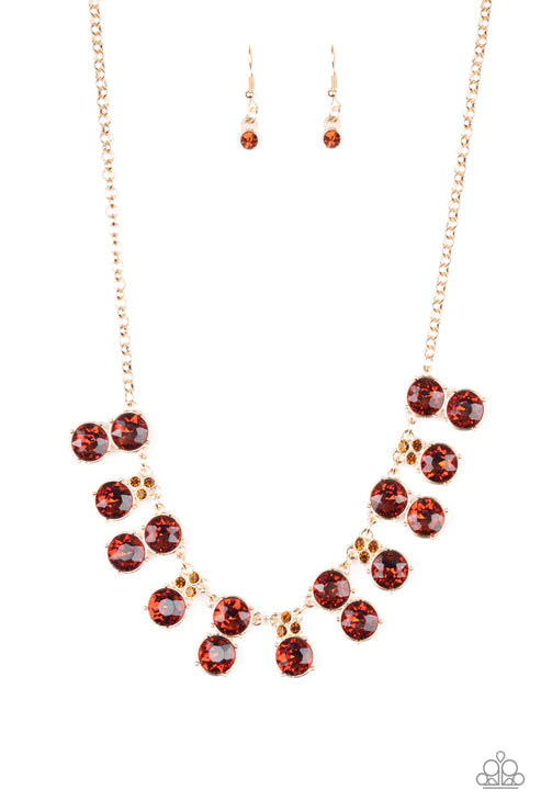 Top Dollar Twinkle - Gold/Brown Topaz Encrusted Stacked Fringe Necklace N#5635