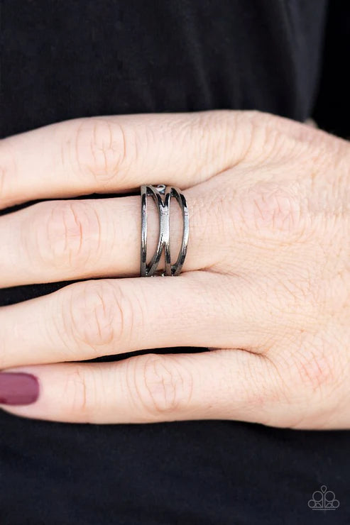 Top Edge - Black Brushed Edgy Crisscross Ring R#6441