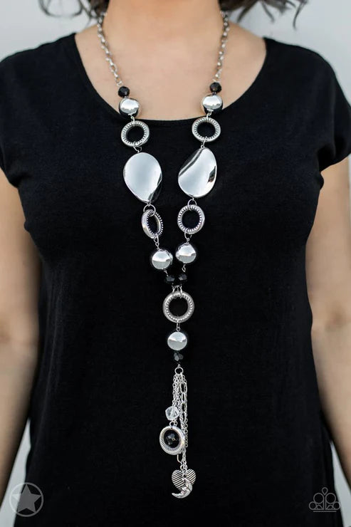 Total Eclipse Of the Heart - Oversized/Chunky Black Pearl Crystal Curved Eclipse Plates 3D Charms/Crescent Moon/Heart Accent Rings Necklace N#5600