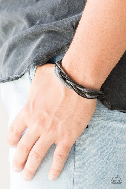 Total Trekker - Black/Brown/Gray Braided Twine/Leather Adjustable Sliding Knot Closure Urban Bracelet B#3978