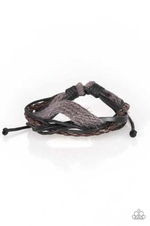 Total Trekker - Black/Brown/Gray Braided Twine/Leather Adjustable Sliding Knot Closure Urban Bracelet B#3978